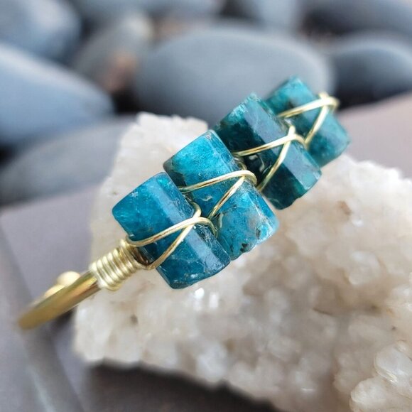 Blue Apatite ✦ Triple-Stone Wire Wrap Cuff ✦ 14Kt Gold Over Copper Handmade - Picture 6 of 9